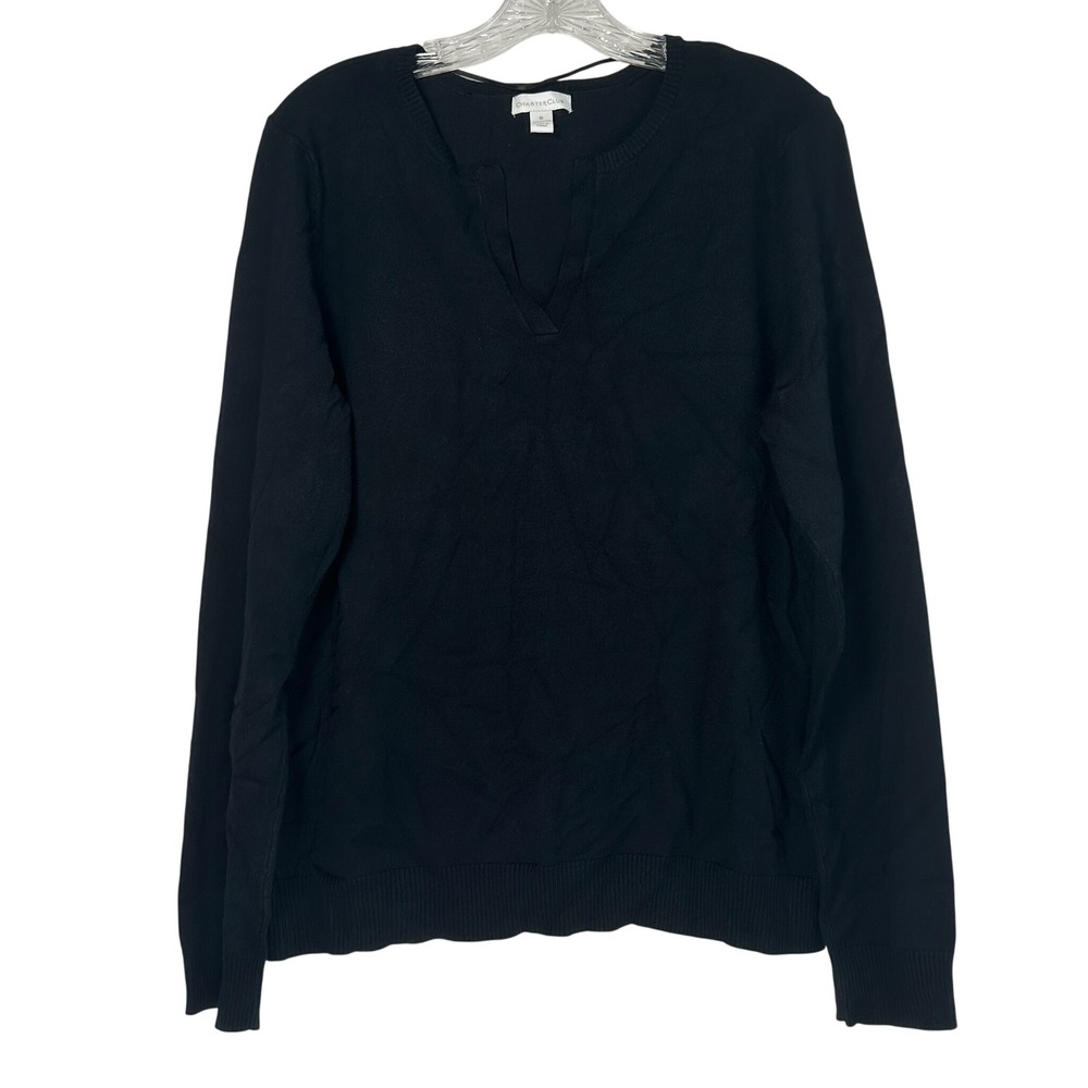 Charter Club Womens Black Split V-Neck Long Sleeve Knit Sweater XL